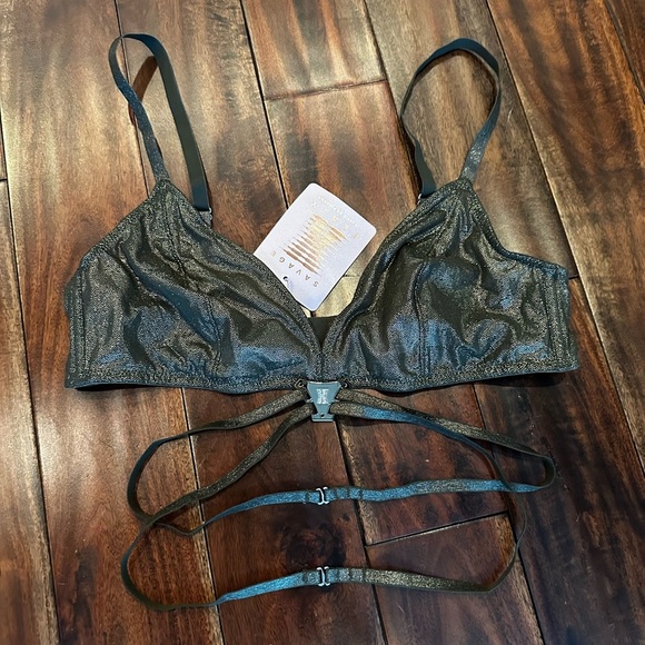 Savage X Fenty Going Platinum Strappy Mesh Bralette Deep Forest Green size Small - Picture 2 of 5